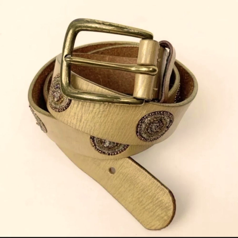 Nine West Gold Metallic Beaded Leather Belt Sz M